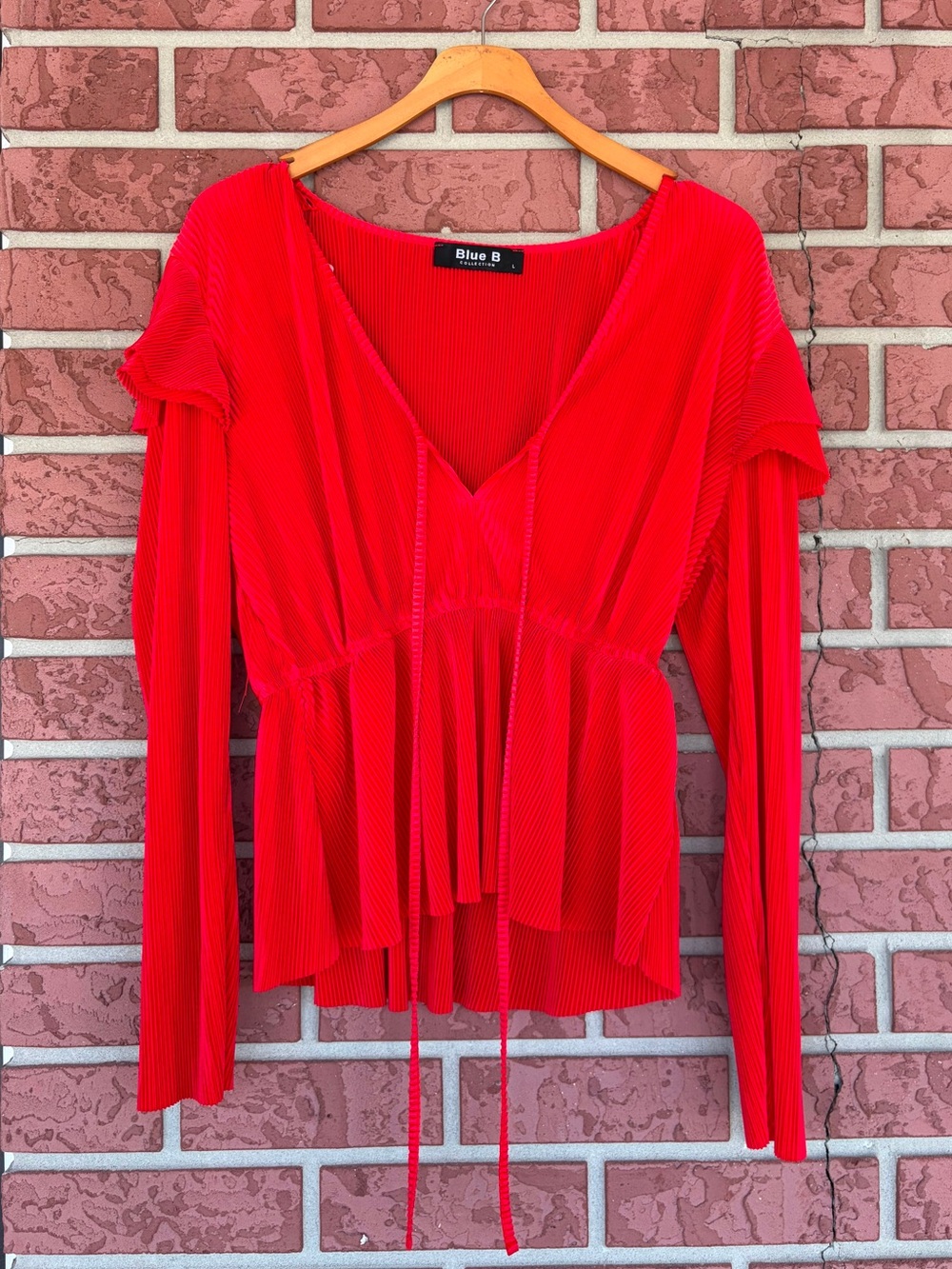 Blue B Red V-Neck Long Sleeve Pleated Drawstring Peplum Top